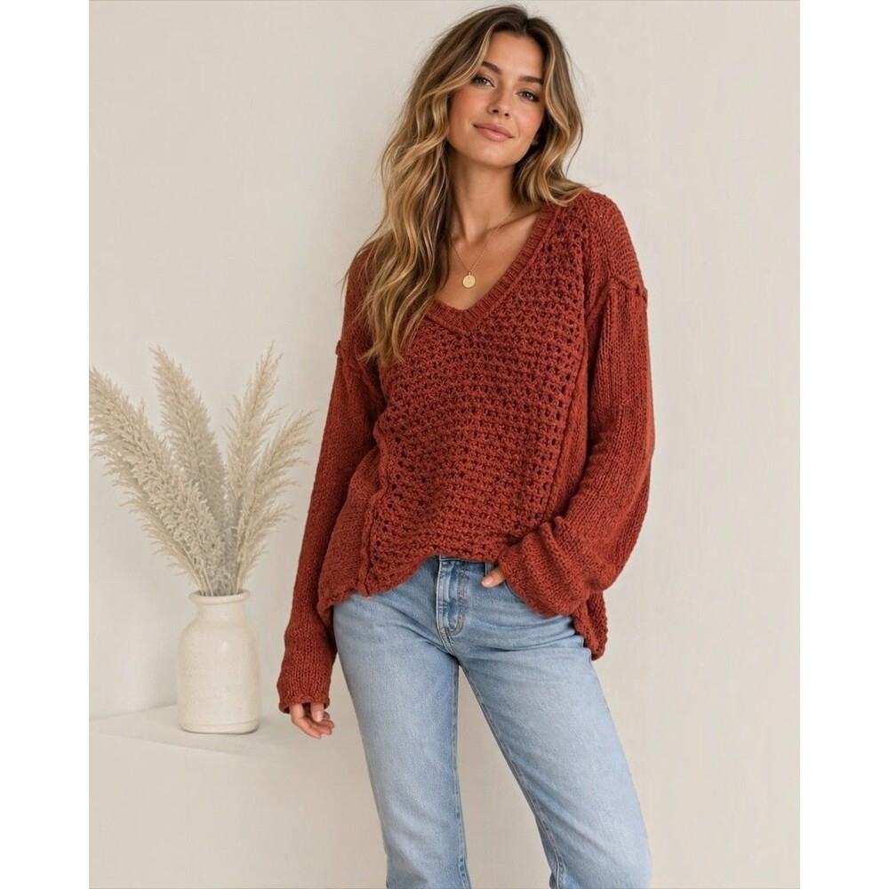 Free People Sz M Scoop V-Neck Drop Shoulder Open-Knit Loose-Fit Sweater Pumpkin